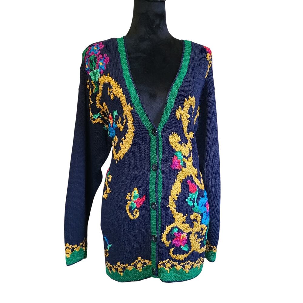 VTG 80s Hand Knit‎ Cardigan Sweater Womens M Blue Green Floral Tunic Silk Blend
